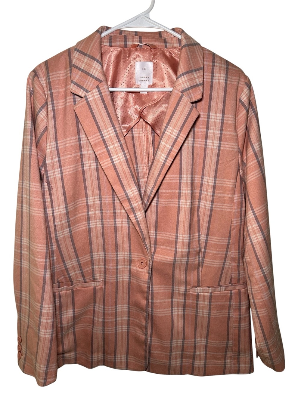 LC Lauren Conrad Peach Plaid Blazer Women’s Jacket Colorful Layering Long Sleeve